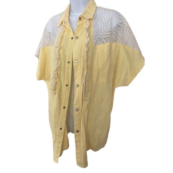 Vintage 80s Yellow Cotton Oversized Summer Beach Cottage Lace Ruffles Blouse S/M - Picture 3 of 6